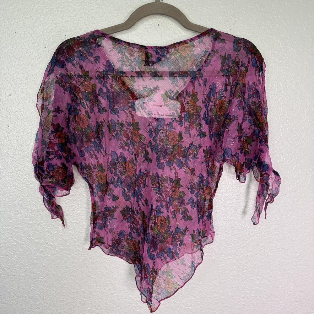 Angie Y2K Top Womens Medium Floral Sheer Boho Handkerchief Hem Beaded Blouse NEW - Picture 5 of 9